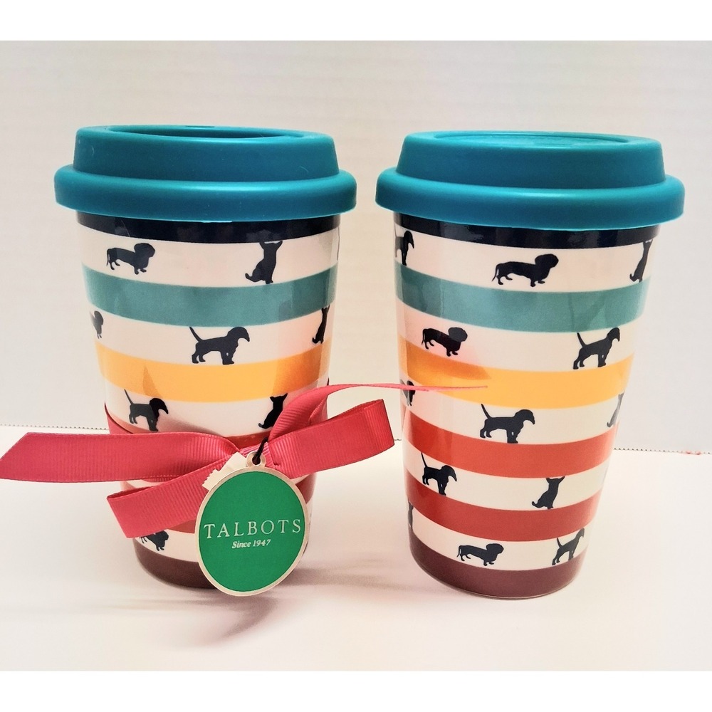 Talbots Set Of 2 Ceramic Travel Tumbler Multi Color Stripes Dog Pattern 11oz EUC
